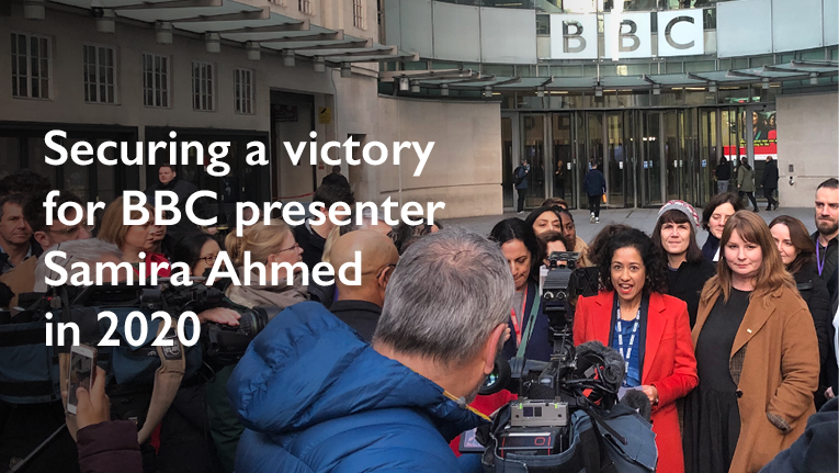 Samira Ahmed being interviewed outside the BBC